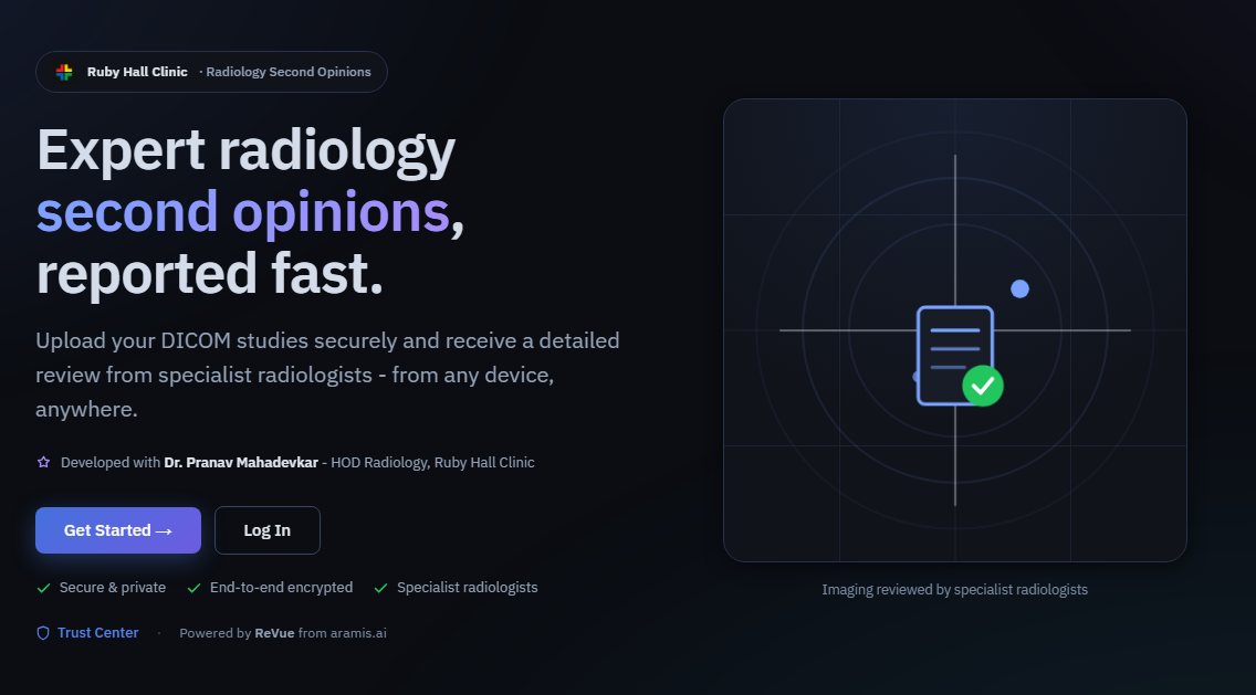 The ReVue second-opinion landing page as deployed for Ruby Hall Clinic, inviting patients to upload DICOM studies for a specialist review